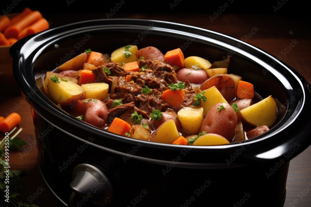 slow cooker with a hearty stew simmering inside slow cooker with a hearty stew simmering inside