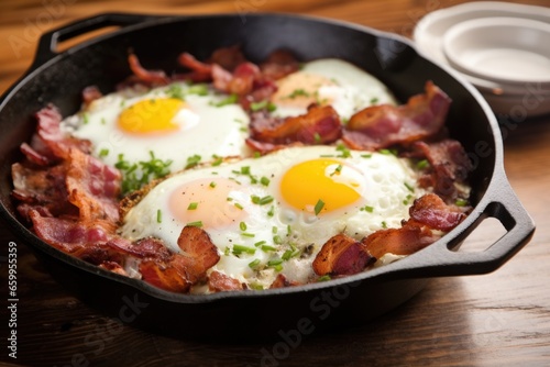 cast-iron skillet with fried eggs and bacon