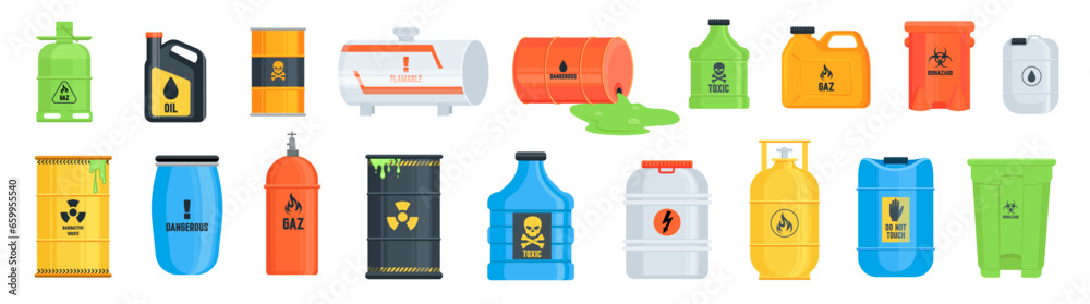 Flammable waste set. Container with chemical explosive substance, fuel barrel, nuclear liquid. Toxic chemical, ector illustration - obrazy, fototapety, plakaty 