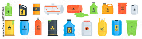 Flammable waste set. Container with chemical explosive substance, fuel barrel, nuclear liquid. Toxic chemical, ector illustration photo