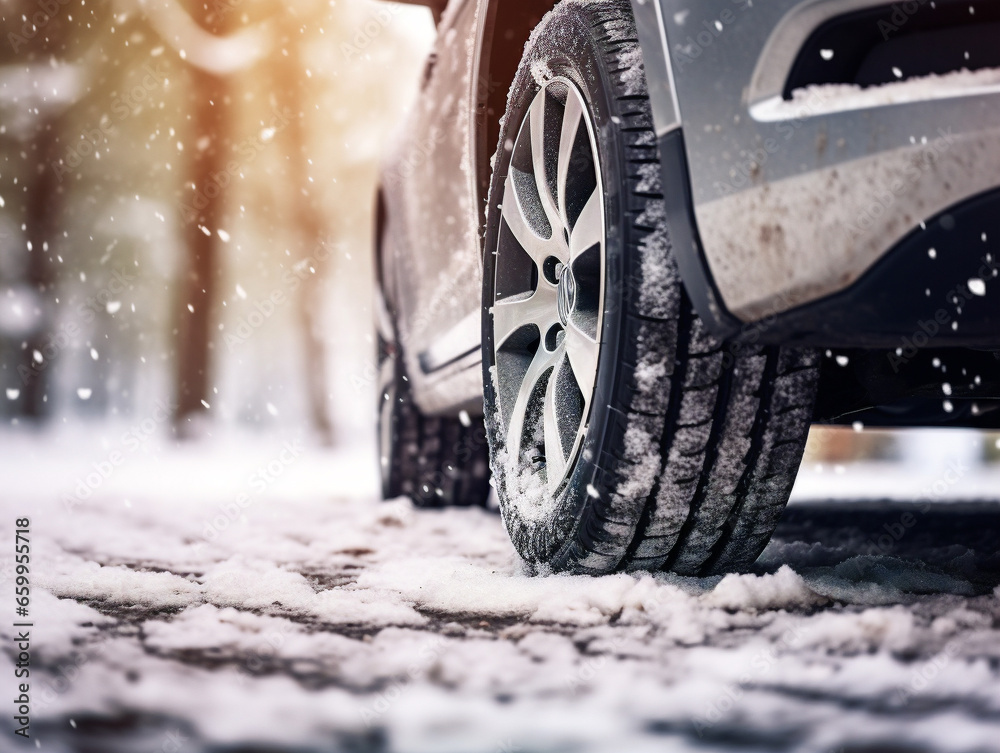 A detailed close-up of snow-covered car tires navigating a winter road.