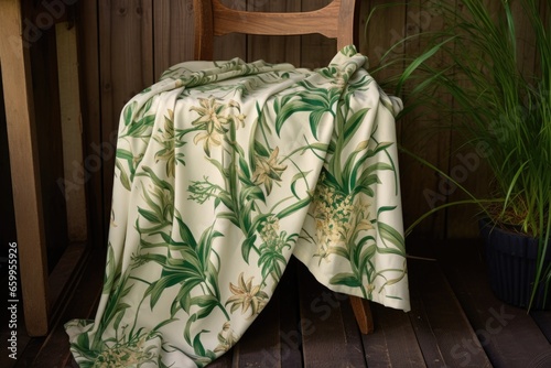 a botanical print fabric draped over a wooden chair