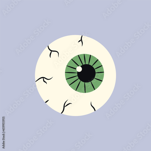 Cartoon Halloween green eyeball. Halloween human or zombie eye icon, element for design. Vector stock illustration, isolated element.