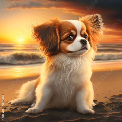 cavalier king charleston spaniel and pomeranion mix dog breed caramel color adorable cute hyperrealistic on a beach with an orange beautiful sunrise in the background panting  © Billy