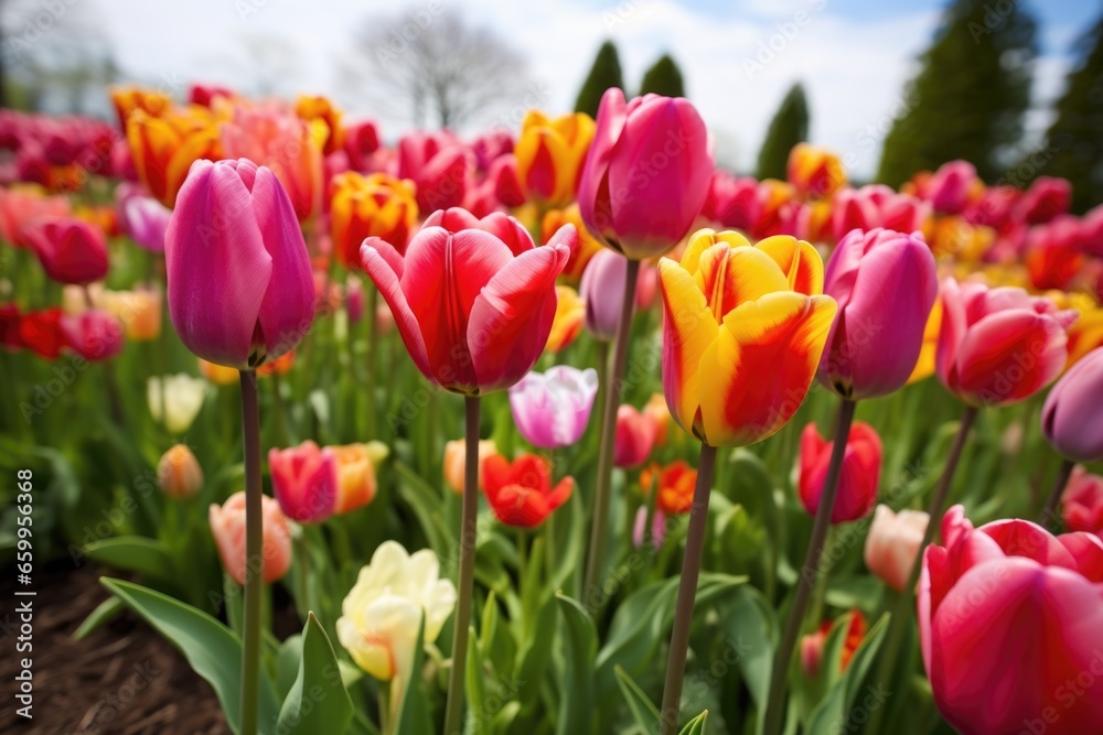 closely grown field of multicolored tulips closely grown field of multicolored tulips