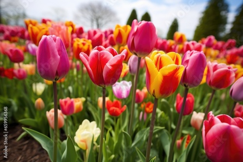 closely grown field of multicolored tulips