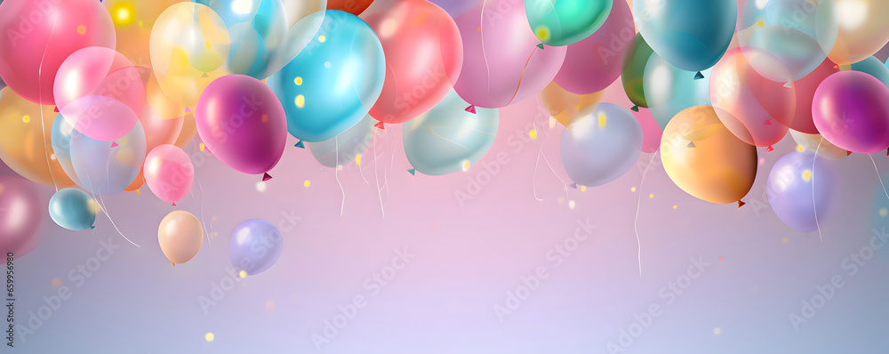 Festive rainbow color balloons and confetti background banner celebration theme