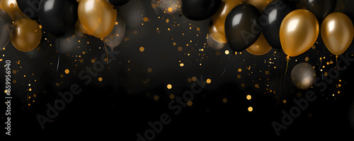 Festive black and gold balloons on a black background banner celebration theme