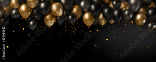 Festive black and gold balloons on a black background banner celebration theme