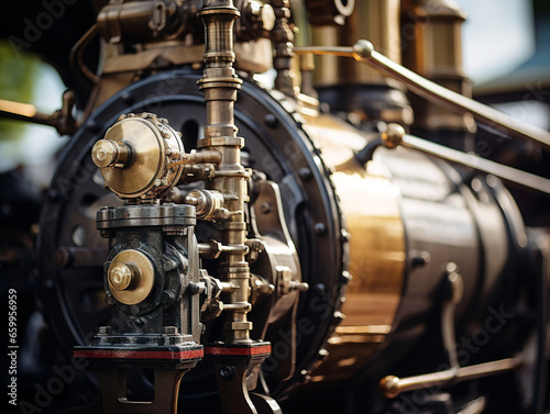 Close-up view of a vintage steam engine, showcasing its intricate details and iconic V-52 style.