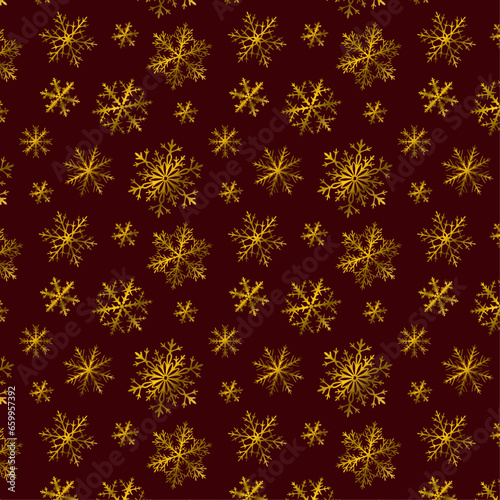 The pattern is beautiful with golden snowflakes on a red background