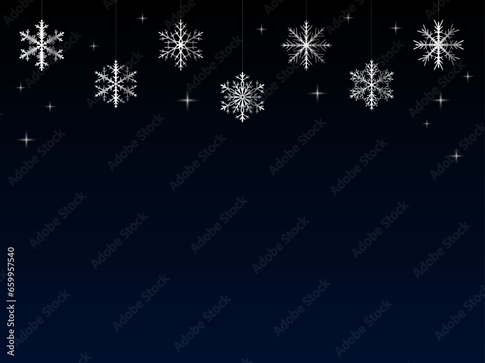 Background with silver snowflakes, stars with free space at the bottom - obrazy, fototapety, plakaty 