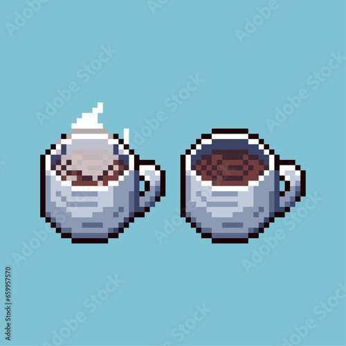 Pixel art sets of cup of coffee with variation color item asset. Simple bits of cup of coffee fresh on pixelated style. 8bits perfect for game asset or design asset element for your game design asset.