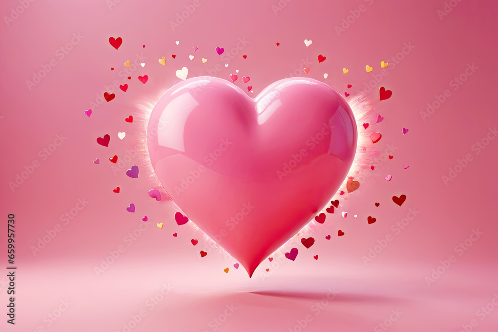 pink heart background. 3D symbols of love for Happy Women's, Mother's, Valentine's Day, birthday greeting card design