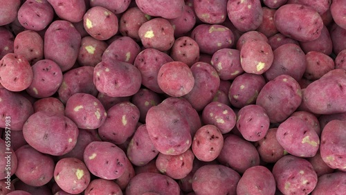 many red potatoes falling in a pile, restaurant french fries ingredients, agriculture pouring potato harvest 3D illustration