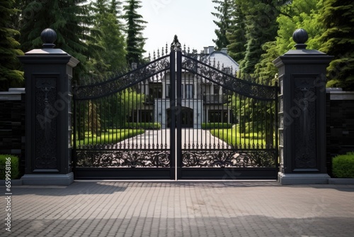 massive iron gate at a mansions entrance photo