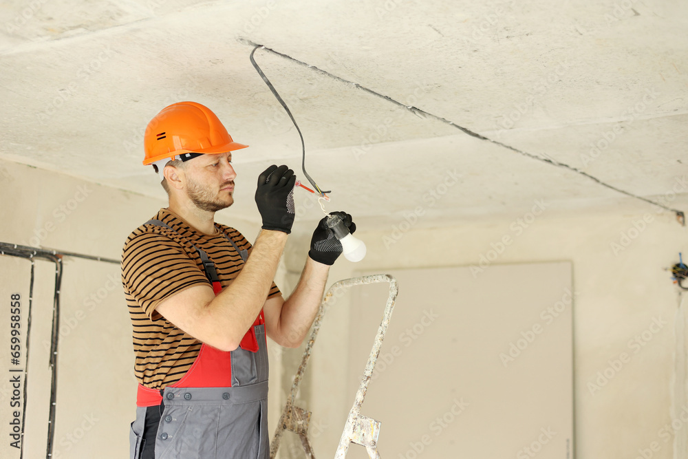 Electric in uniform, protective gloves and hard hat checking and