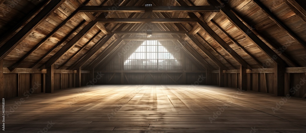 Bright light coming in from outside illuminates the interior of an aged wooden warehouse attic