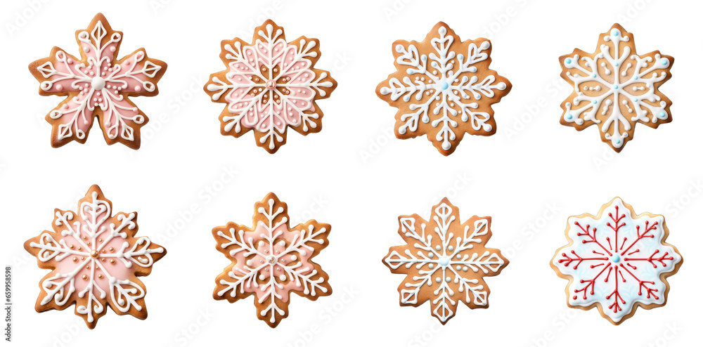 Cute Snowflake Set, Christmas Sugar Cookie on transparent background, png - Generative AI