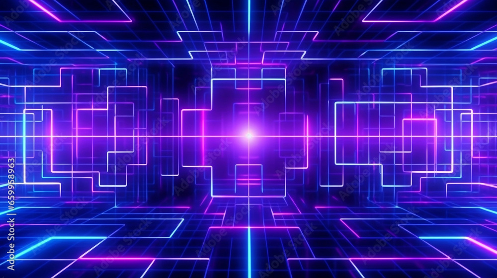 Neon glow cyan blue and purple perspective grid room, cyberspace, digital techonology and VR concept, retro future abstract background. 