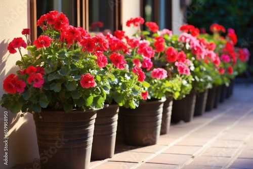 potted geraniums lined up on a sunlit patio © altitudevisual