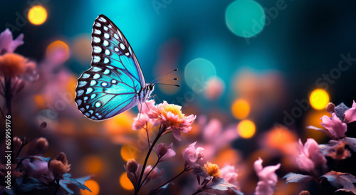 Wild flowers and butterfly in a meadow in nature. Bokeh effect. © AllistairBot/Peopleimages - AI