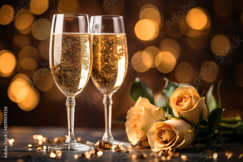 Two glasses of champagne and yellow roses on the table at party with bokeh background, congratulations and celebration concept, New year and Valentines day background.