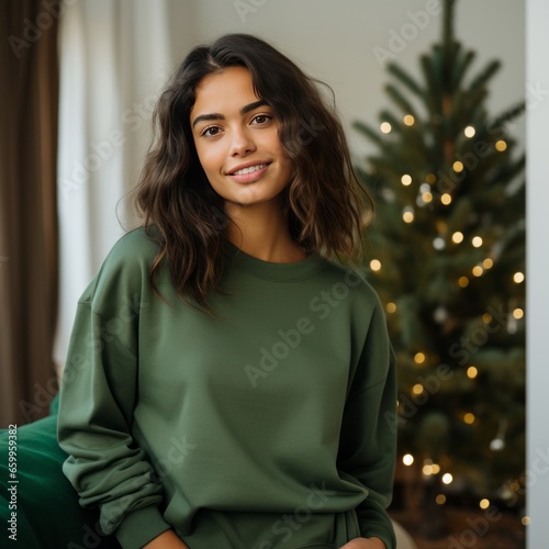 Attractive Girl wearing blank green sweater shirt mockup, Beautiful woman wearing blank Gildan 18000 casual sweater shirt mockup. christmas and new year concpet