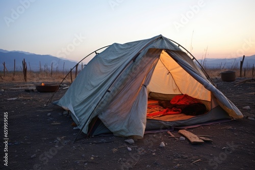 a tent in a makeshift camp lit by low evening light