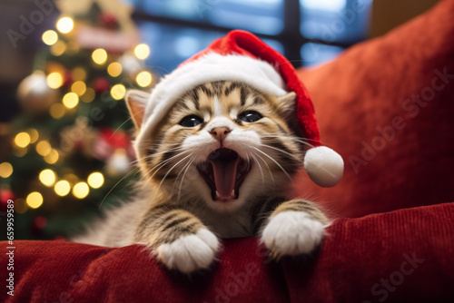 Cute tabby cat wearing santa hat meowing with Christmas tree on background, Christmas and pet concept.