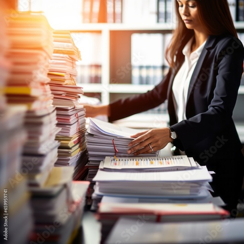 Businesswoman hands working in Stacks of paper files for searching information on work desk in office, business report papers