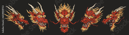 Dragon heads set logotypes colorful