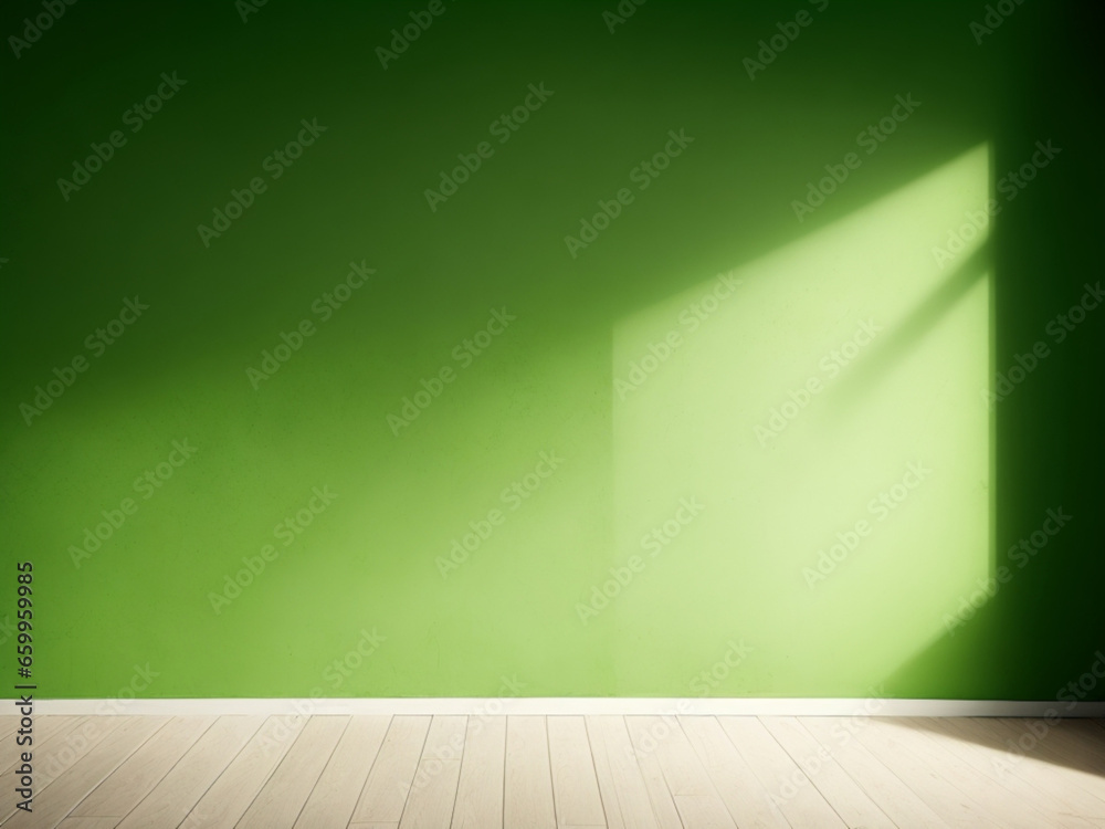Bellissima immagine di sfondo di uno spazio vuoto in toni di verde con un gioco di luci e ombre sulla parete e sul pavimento per lavori di progettazione o creativi