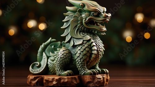 Powerful dragon, emblem of New Year, exuding might and fortune against bokeh backdrop.