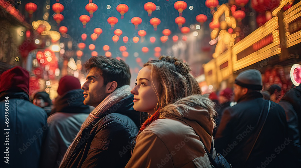 Horizontal, Young Caucasian tourists in the Chinese New Year celebration. Concept person culture