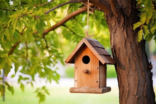 classic wooden birdhouse hanging from a tree
