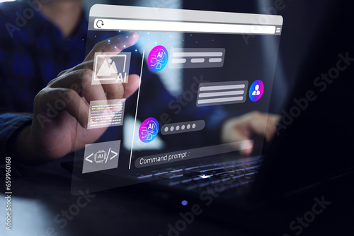 Engineer input AI command prompt on laptop screen via computer deep technology software to help analyze data generate virtual images and using big data program coding or information in cyber system.