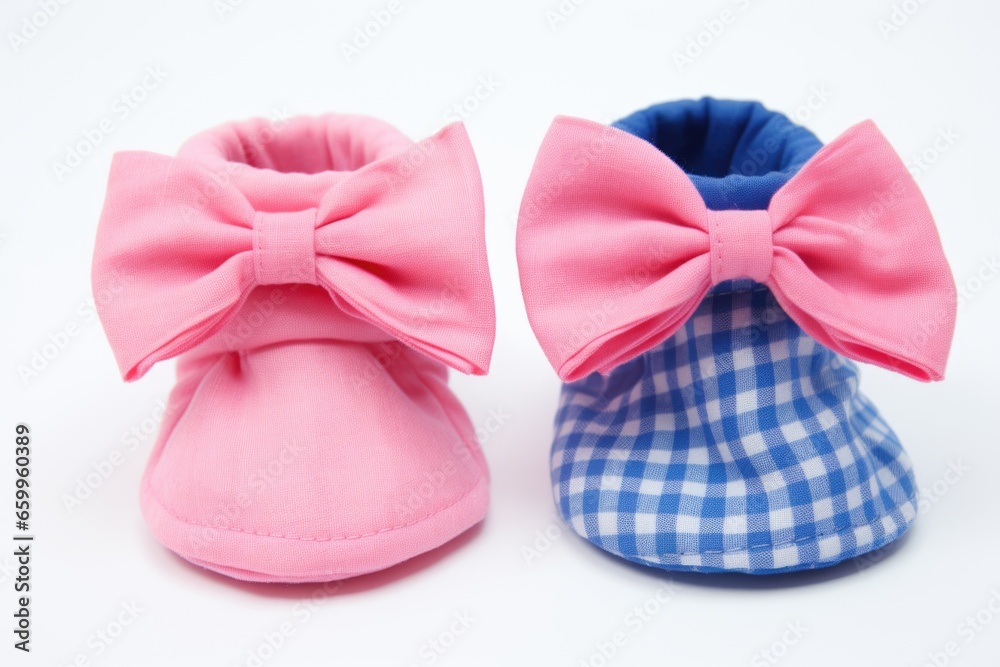 pink and blue baby booties side by side on a white background pink and blue baby booties side by side on a white background