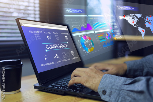 Compliance concept. Document test report submitting regulation apply standard form to governance in each destination. Concept of legal procedure certification to countries for products shipping.