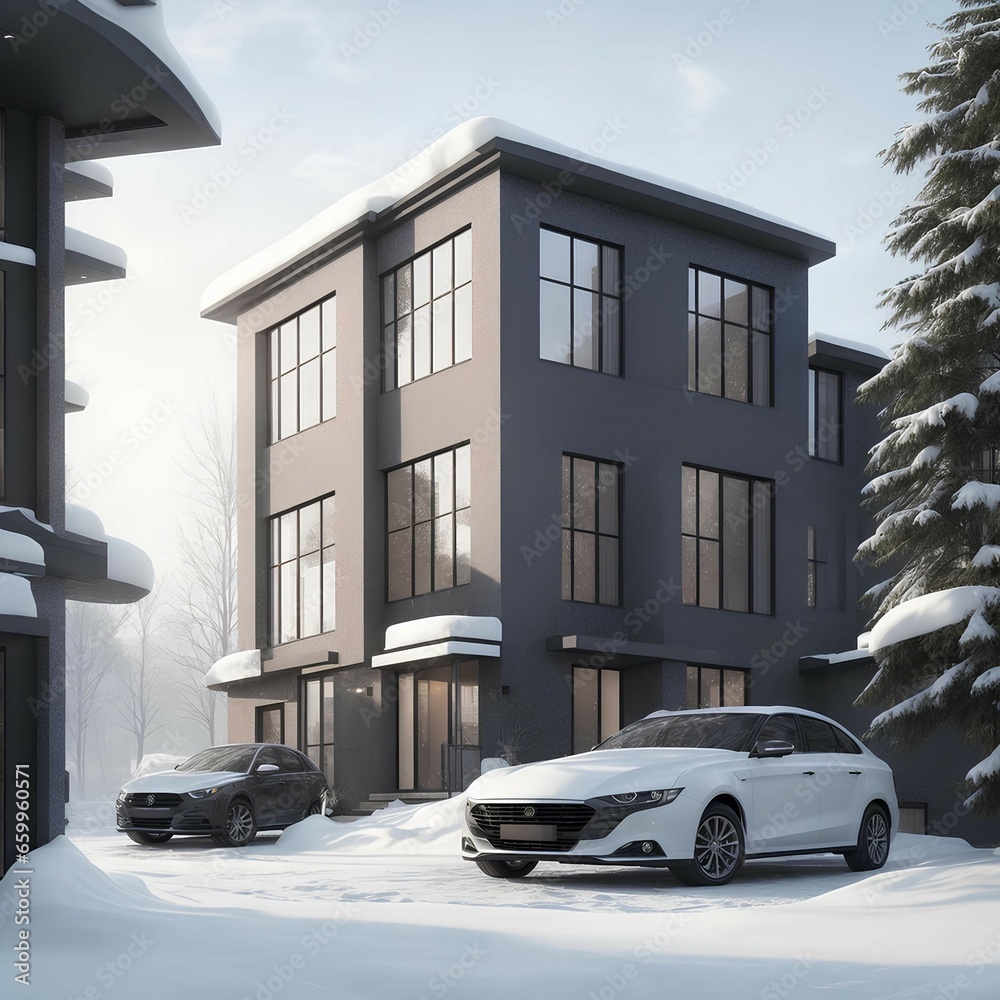 A Duplex house with car covered in snow in the winter
ai generated. 