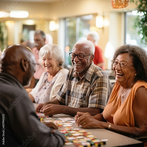 Group of Elderly People in Assisted Living Playing Games Together, Social and Healthy Lifestyle for Aging Grandparents Concept