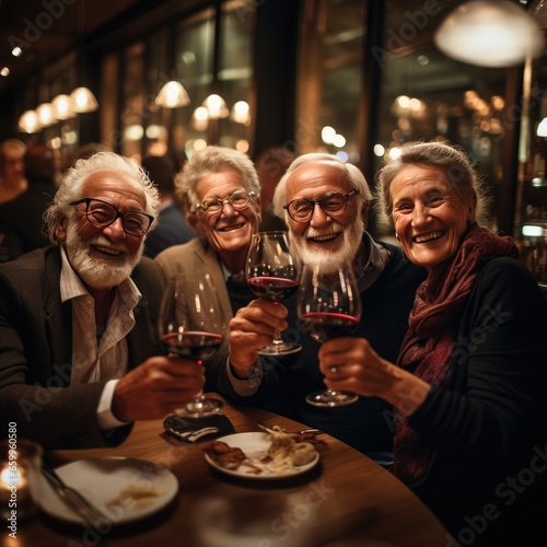 Older Couples Joyful Wine Toast Out to Dinner Celebration Evening Concept