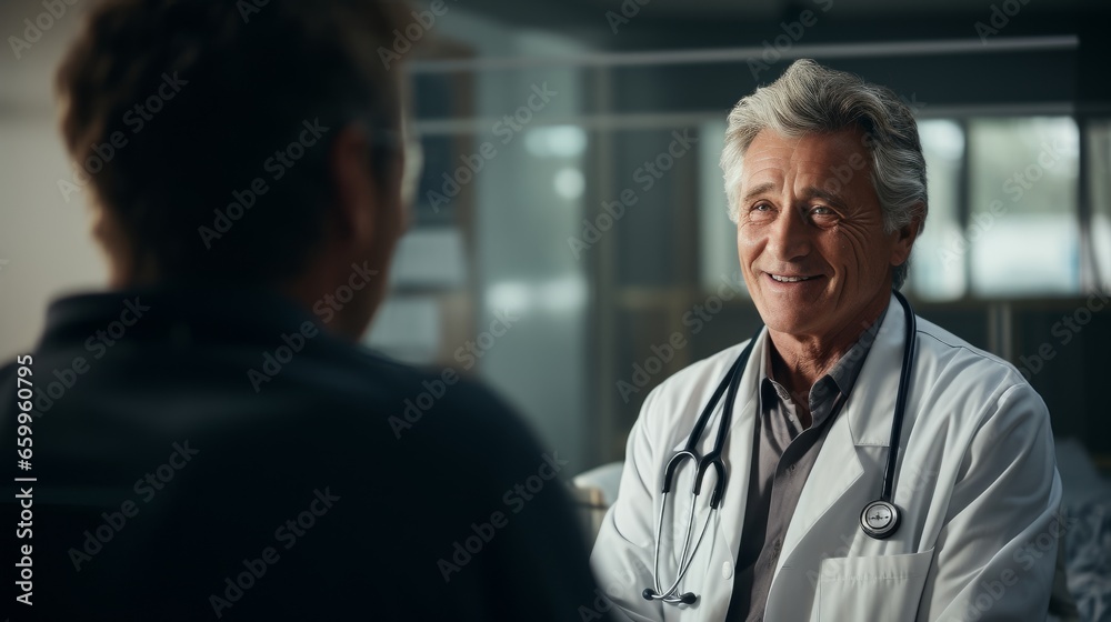 Senior gray-haired doctor in white uniform with stethoscope talks with his colleague in medical facility. Experienced clinician discusses diagnosis with coworker. Teamwork and communication. Senior gray-haired doctor in white uniform with stethoscope talks with his colleague in medical facility. Experienced clinician discusses diagnosis with coworker. Teamwork and communication.