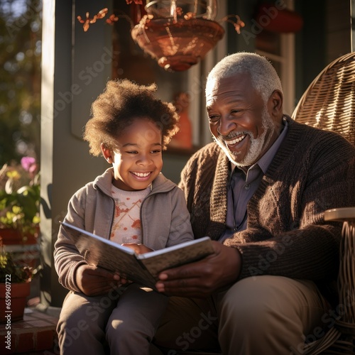 African American Grandfather Reading Book and Telling Stories to Grand Child, Memories Togetherness and Bonding Concept