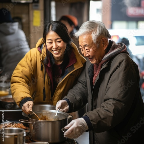 Young Asian Woman and Grandfather Volunteering Together at Soup Kitchen for Homeless in City Charity Concept photo