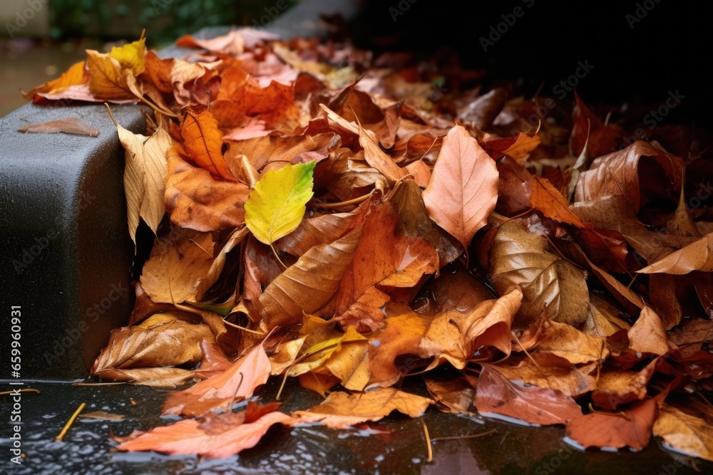 Fototapeta premium pile of wet leaves extracted from a house gutter