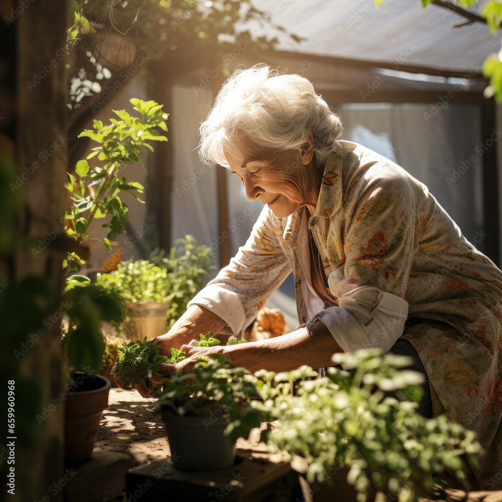 Happy Senior Woman Working in Garden, Elderly Retired Hobby and Calm Lifestyle Concept Happy Senior Woman Working in Garden, Elderly Retired Hobby and Calm Lifestyle Concept