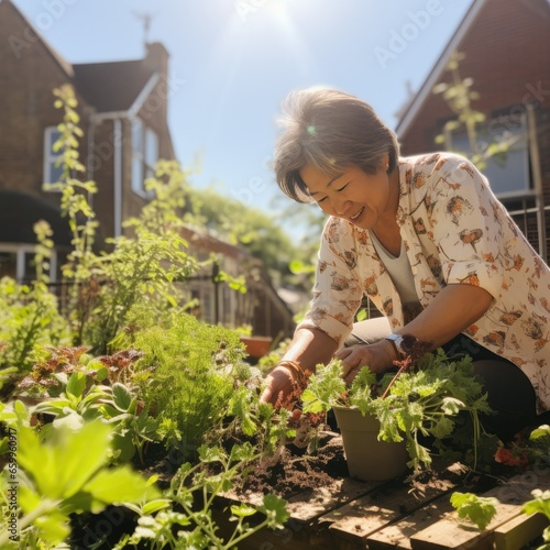 Happy Senior Asian Woman Working in Garden