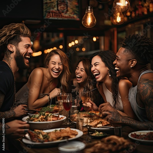 Friends Laughing Together at Dinner Enjoying Company Concept
