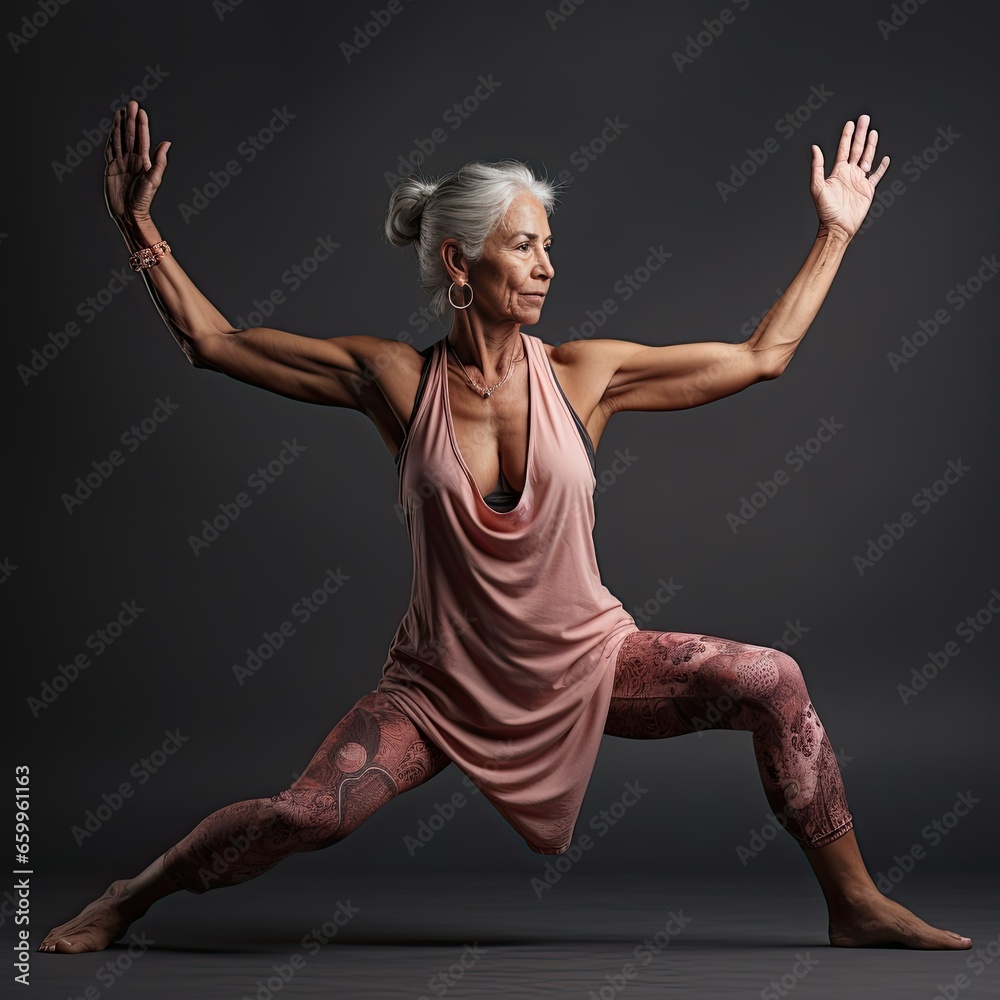 Retired Old Woman Demonstrating Yoga Pose in Fitness Concept - obrazy, fototapety, plakaty 